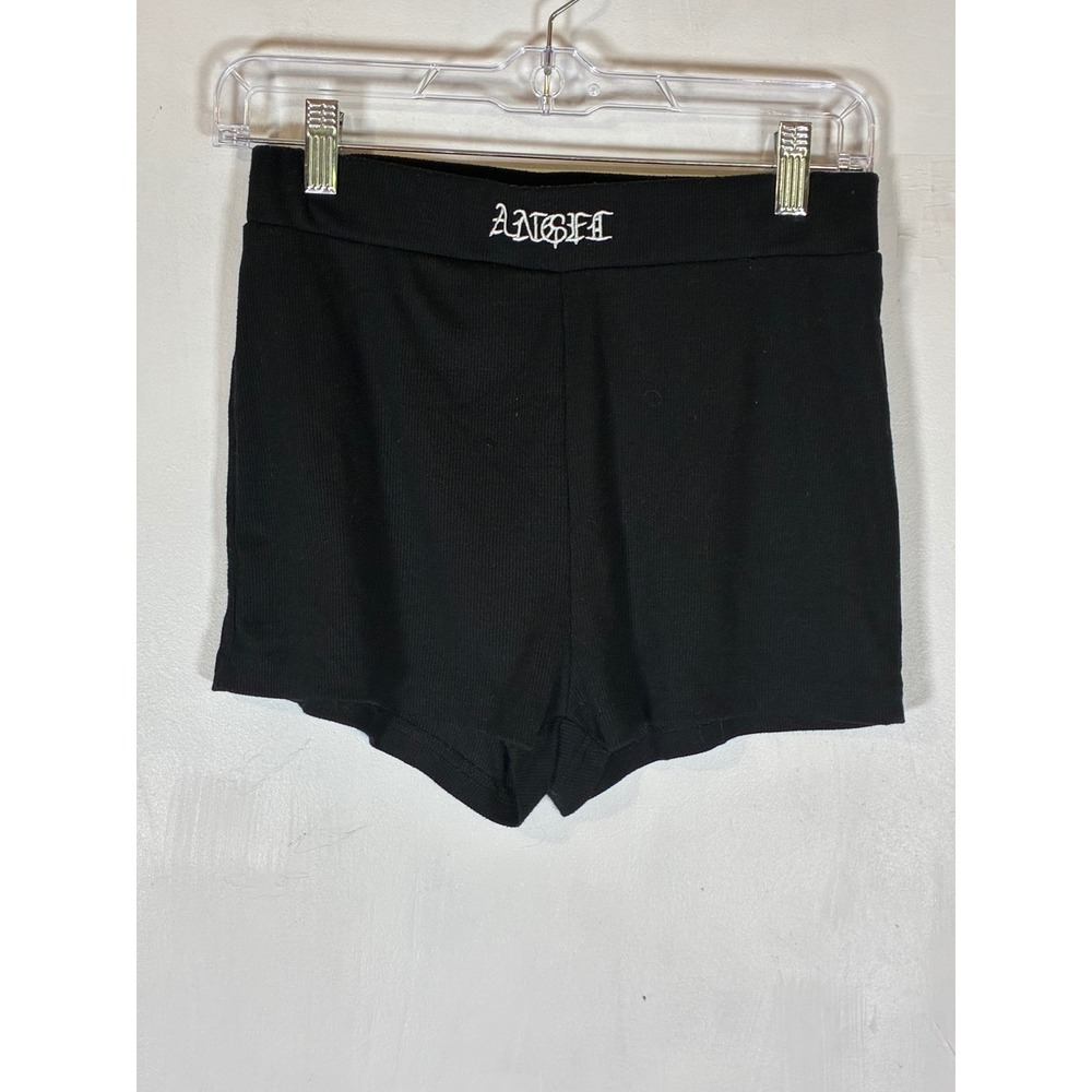 Women's Medium Black Ribbed Angel Spell Out Hotty Shorty Lounge Shorts
